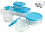 Pasabahce Set 5 contenitori polar in vetro con coperchio azzurro Altro Blu, Trasparente 5 pz Composto da: 1 coppetta cm 12,5x5,5 h; 1 coppetta cm 16x7 h; 1 contenitore cm 12,5x9,5x6 h; 1 contenitore cm 20,5x12,5x7,5 h; 1 caraffa